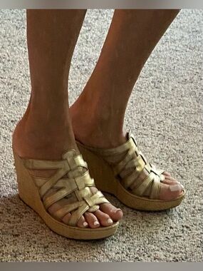 Born Gold Leather Strappy Wedge Sandals for Women